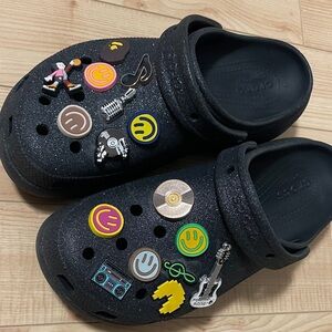 CROCS Black Glittery Platforms with Fun Charms